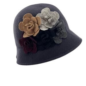 Wool Retro 20’s Downton Abby Style Gray Bucket Hat with Felt Flowers